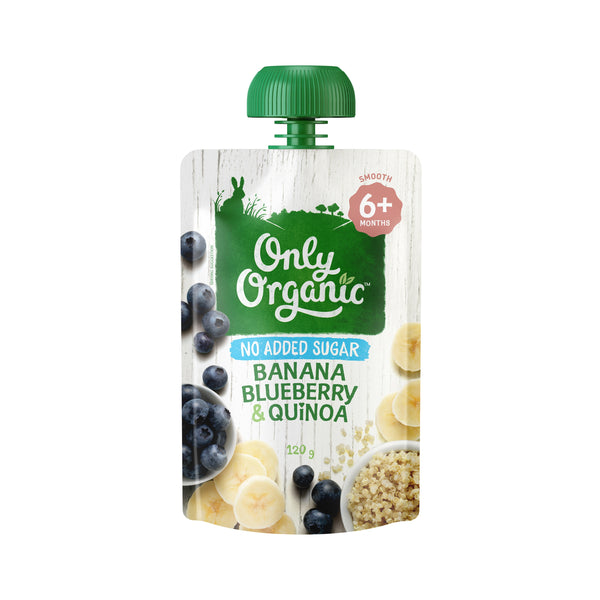 A pouch of Only Organic baby food featuring Banana, Blueberry & Quinoa. The packaging indicates it is suitable for babies 6+ months old.
